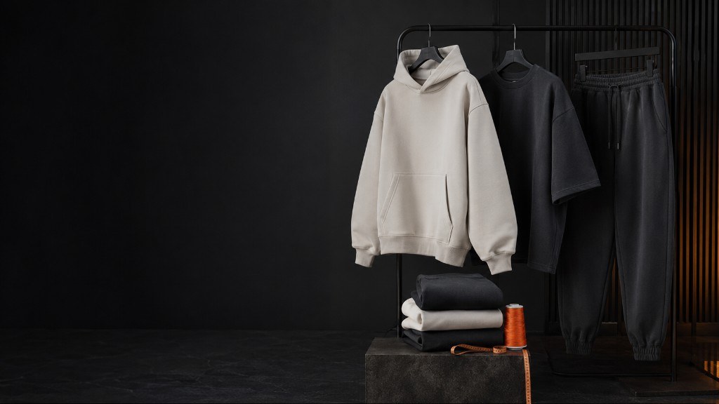Heavyweight hoodie, boxy t-shirt and joggers hanging on a finishing rail