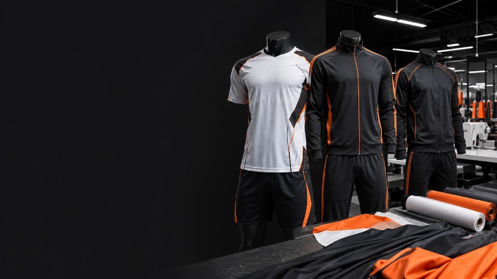 Sublimated jerseys and tracksuits presented on mannequins beside fabric rolls