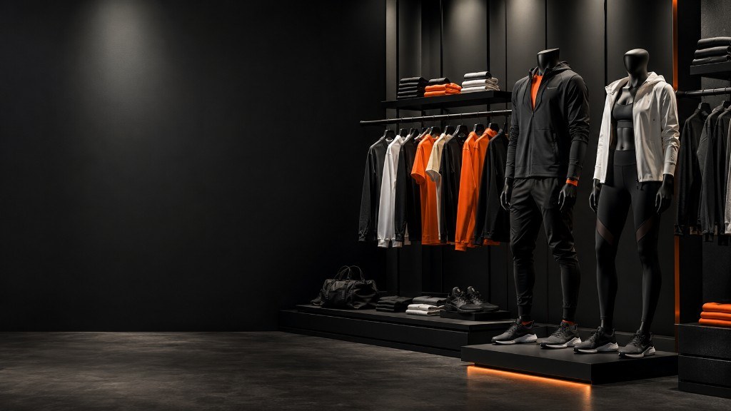 Finished sportswear on mannequins and rails in the Velnox Wear showroom