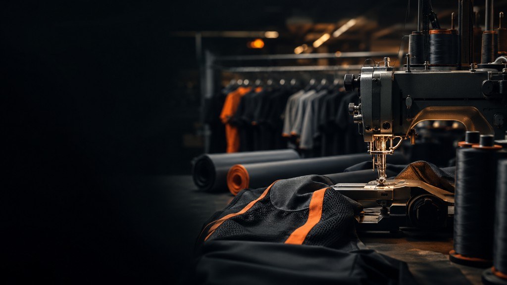 Industrial sewing machine stitching a black and orange training top on the production floor