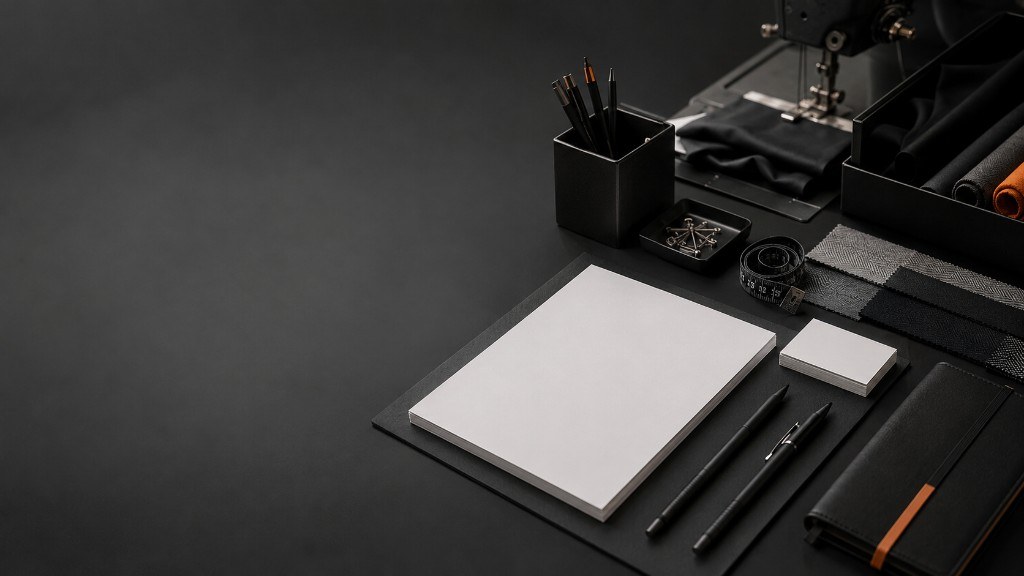 Blank documents and a notebook on a studio desk beside sewing equipment