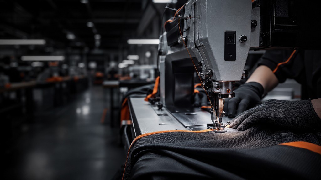 Operator stitching a technical panel on the industrial sewing line