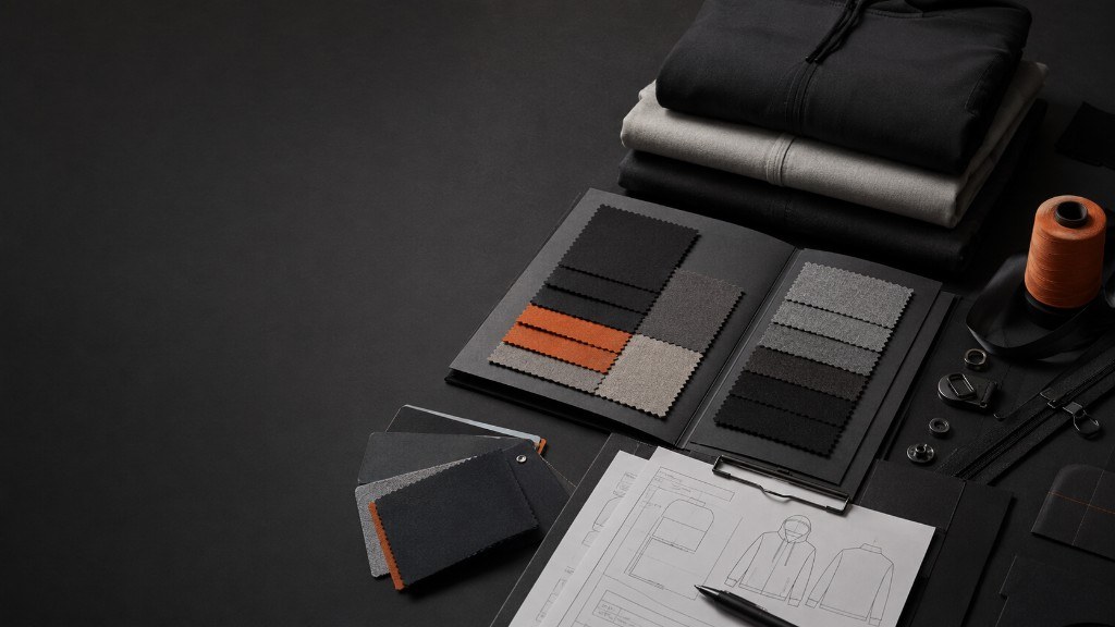 Fabric swatch book and a printed tech pack laid out beside folded sample garments