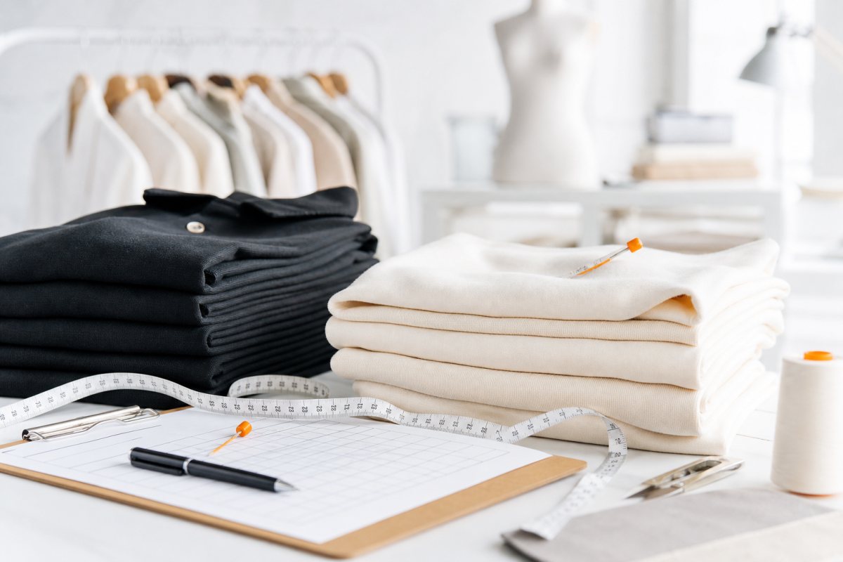 Finished garments with measuring tape during a bright QC inspection