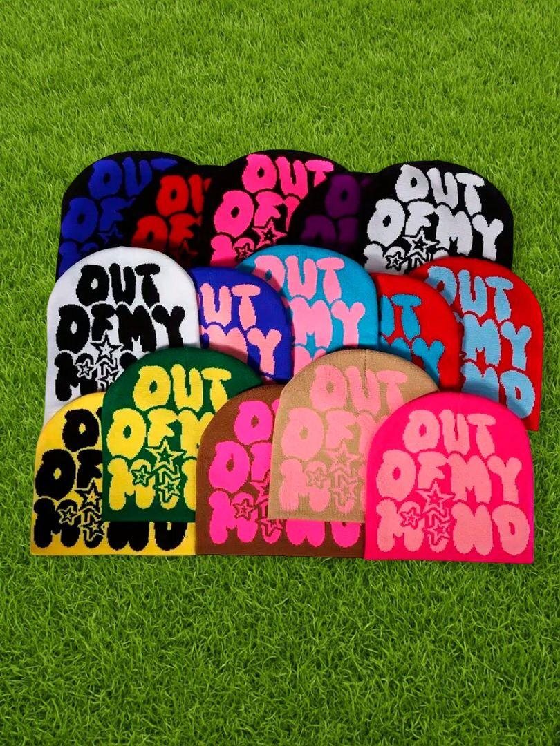 Custom bubble-font jacquard beanies in many colorways detail 1