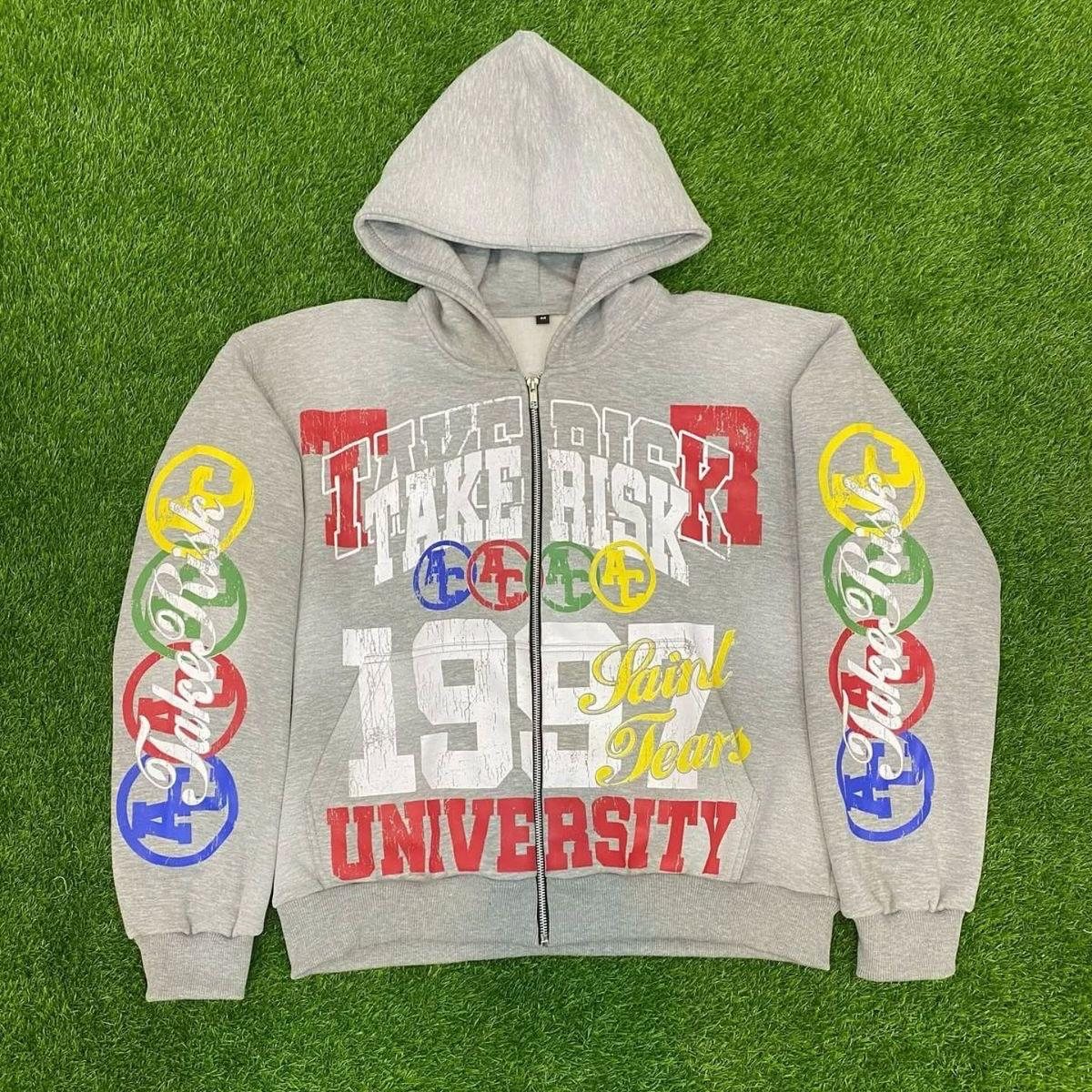 Heather grey zip hoodie with multicolor collegiate front and back graphics