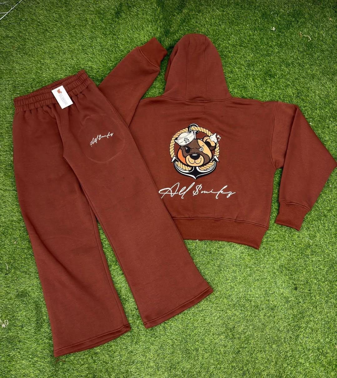 Custom rust brown oversized hoodie and wide-leg sweatpants tracksuit