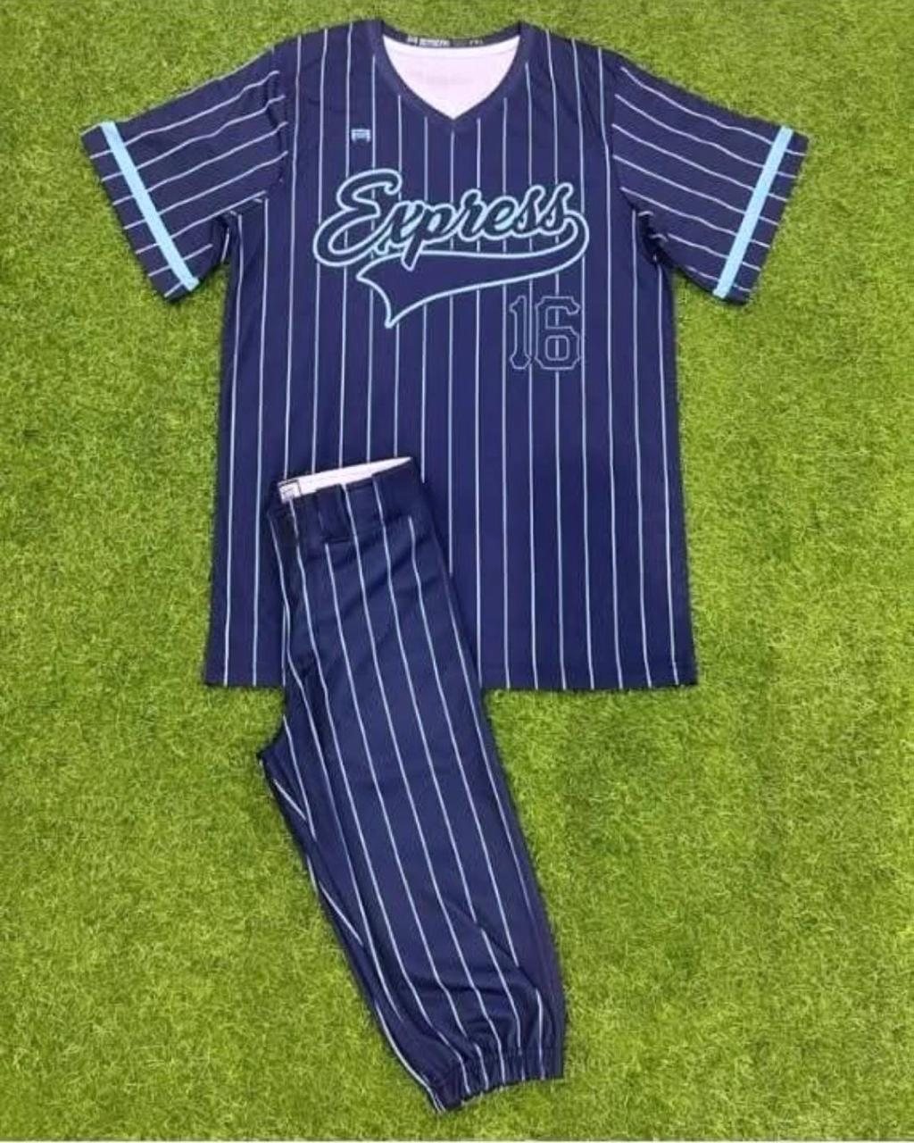 Custom navy pinstripe baseball jersey and pants uniform set on turf