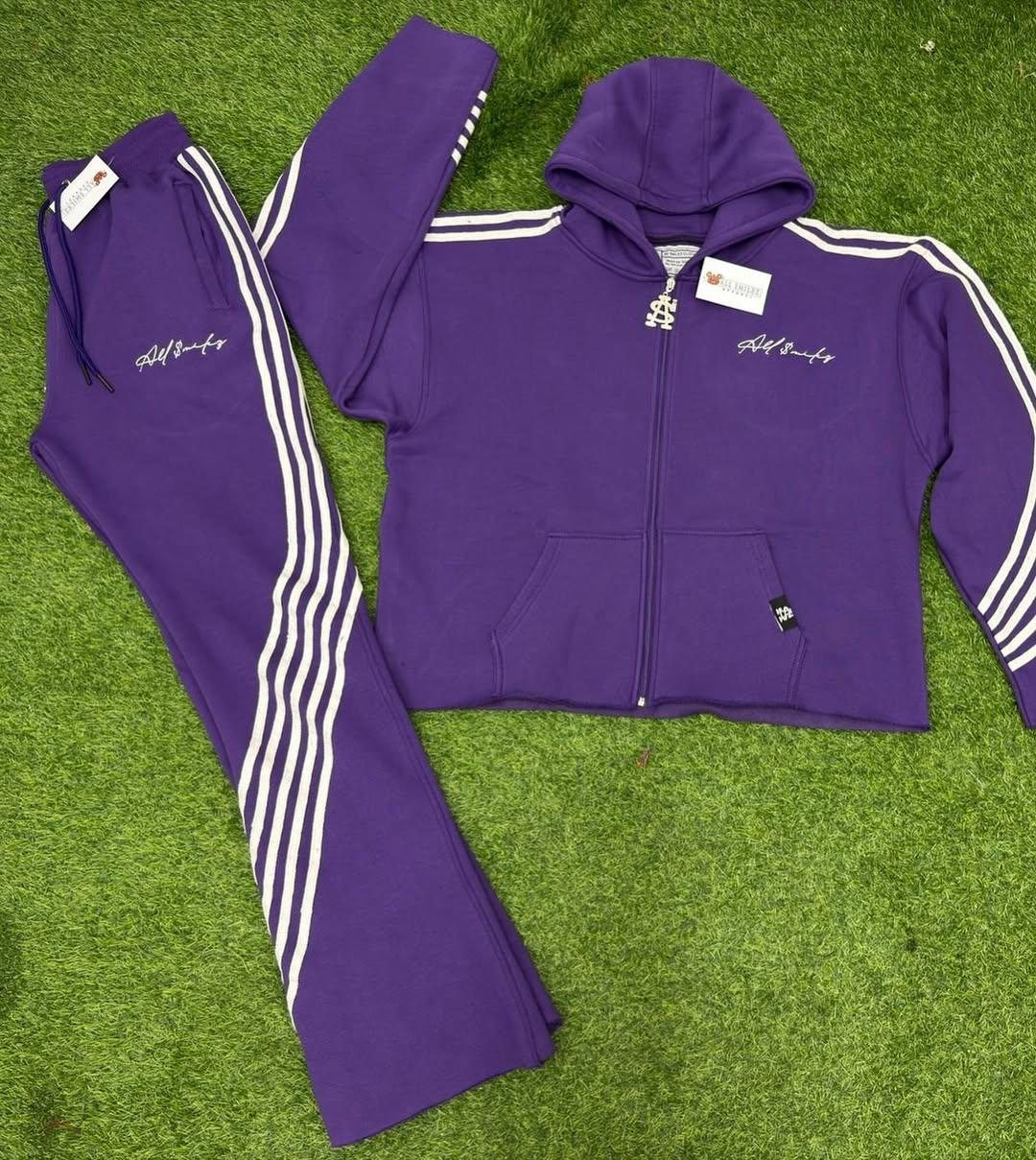 Purple fleece zip tracksuit with white five-stripe sleeve and leg detail