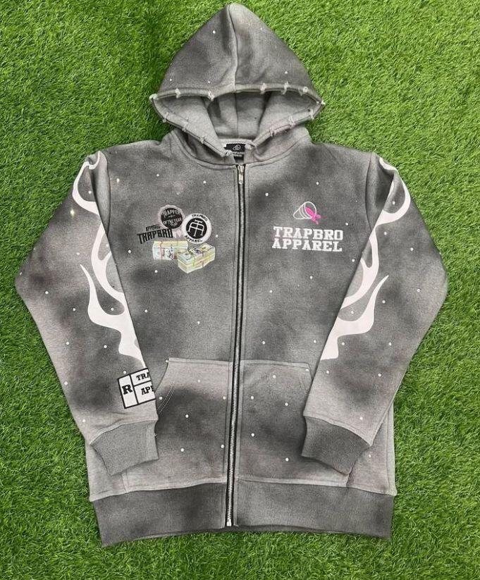 Rhinestone flame graphic zip hoodie in pink and acid-wash grey detail 2
