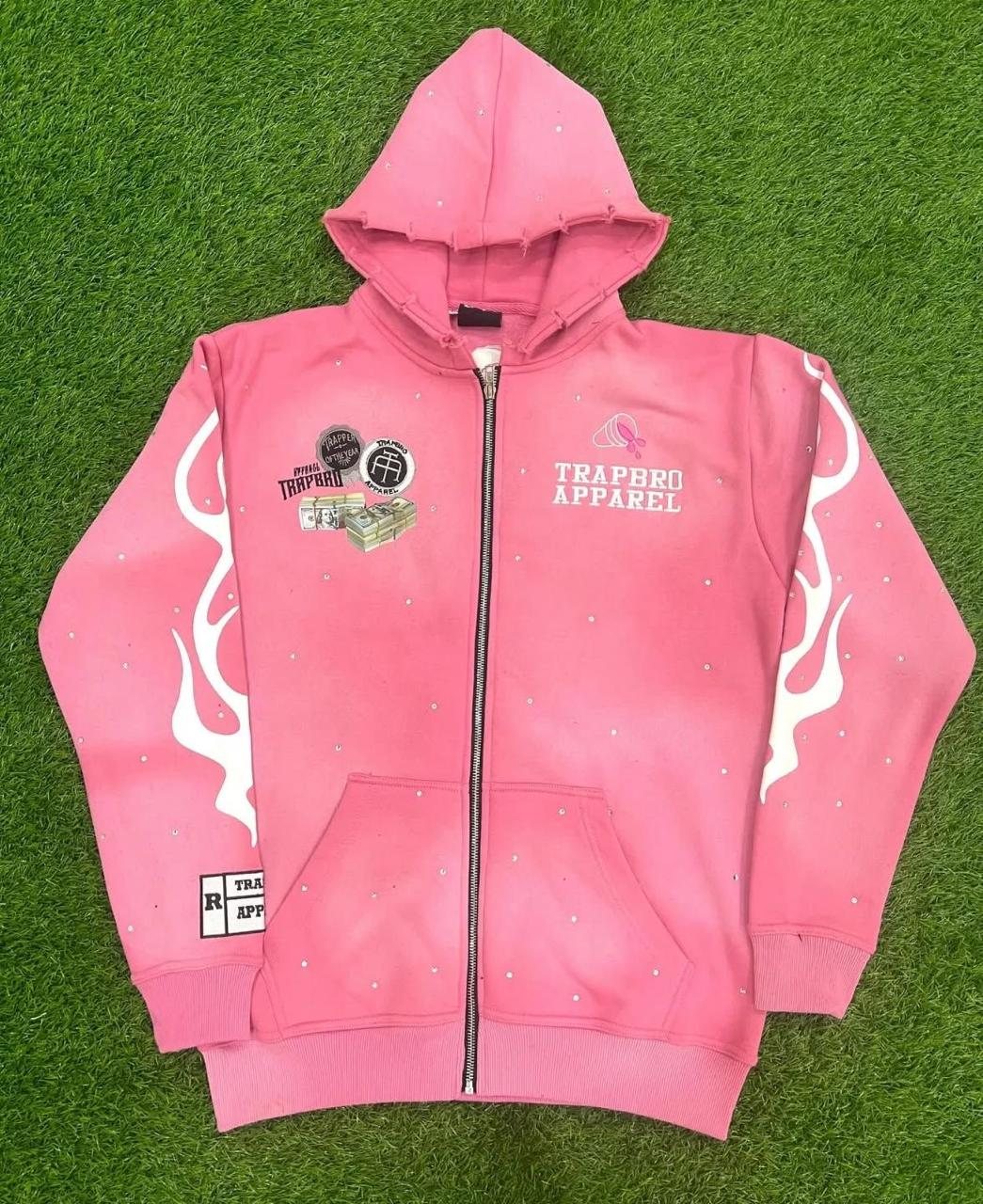Rhinestone flame graphic zip hoodie in pink and acid-wash grey