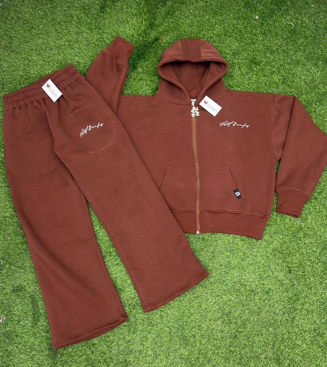 Chocolate brown zip hoodie and wide-leg sweatpants set