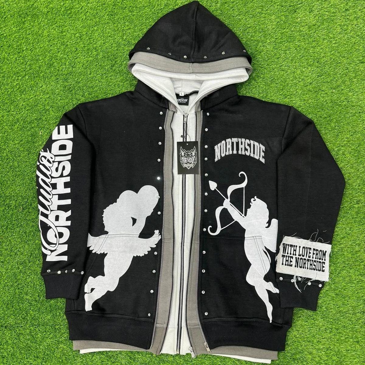 Triple-layer studded zip hoodie in pink and black colorways detail 1