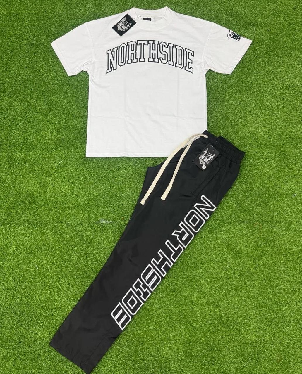 Custom white varsity tee with black and red track pants colorways