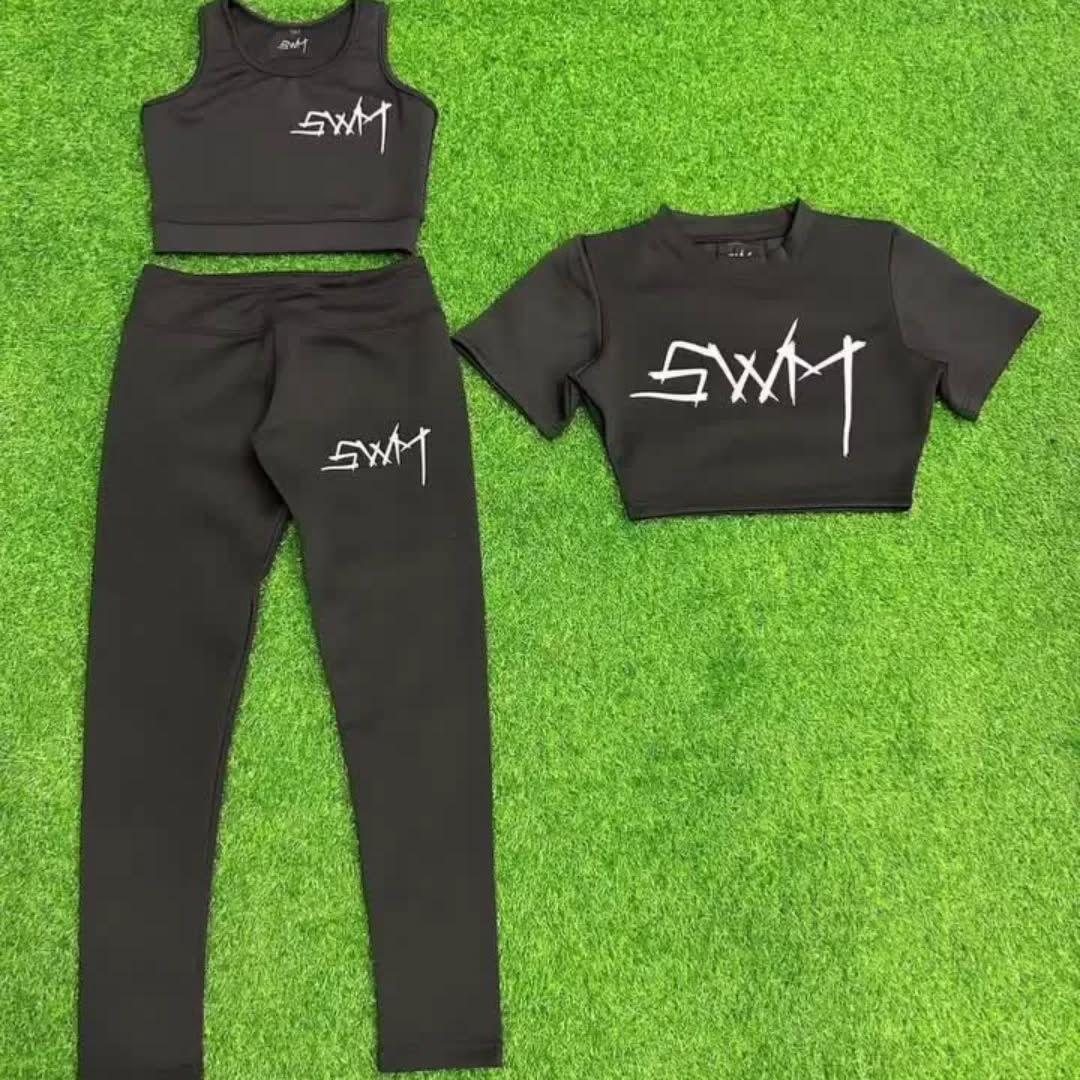 Custom black women's sports bra leggings and cropped tee gym set