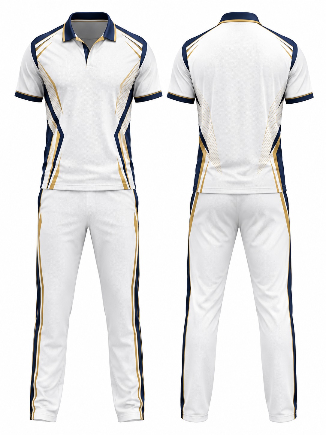 Custom Cricket White Navy And Gold Uniform manufactured by Velnox Wear