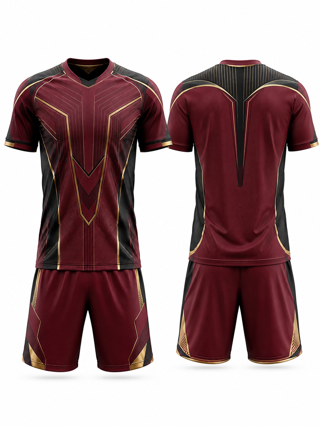 Custom Soccer Maroon Gold Geometric Soccer Kit manufactured by Velnox Wear